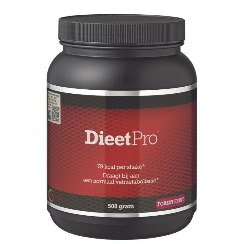 Dieet Pro Forest Fruit herbal supplement in a 500g container, featuring dried forest fruits for dietary support.