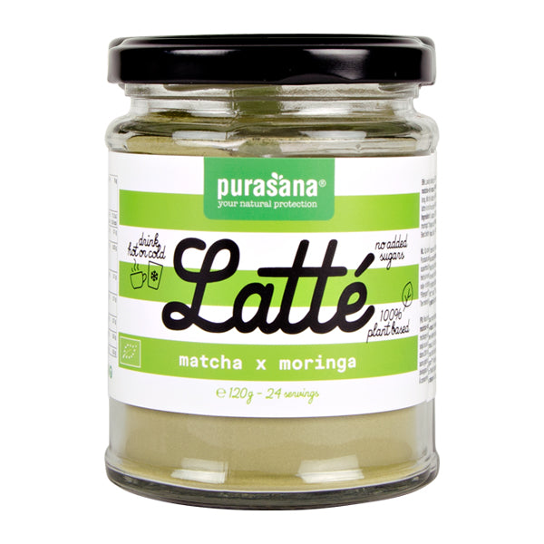 Raw Purasana Latte Matcha Moringa vegan superfood in a 120g package, featuring green matcha and moringa powder in a natural setting.
