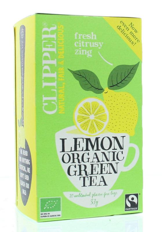 Clipper Green Tea Lemon bio 20 tea bags, organic herbal tea with lemon flavor, in a box with green and yellow packaging.