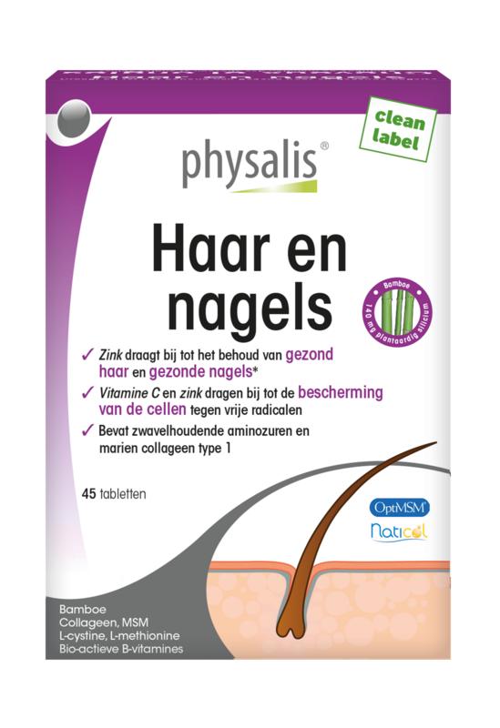 Physalis Haar en Nagels 45 tabletten box showing the packaging of herbal supplement for hair and nails health.