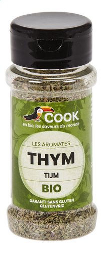 Cook bio tijm 15g, fresh organic thyme herb in a clear jar, part of Cook's kruiden, zouten en maaltijdenmixen collection.