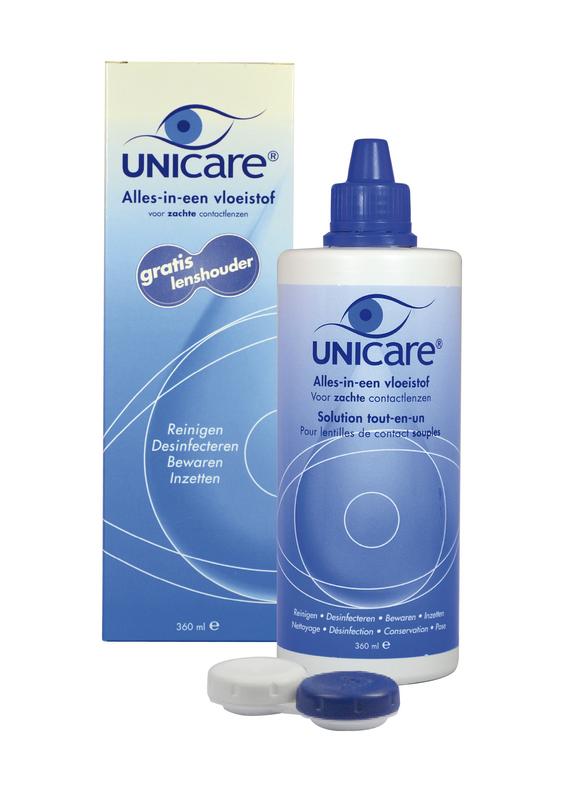 Unicare Alles in een zachte lenzenvloeistof 360ml bottle, suitable for contact lens cleaning and storage, optiek product.