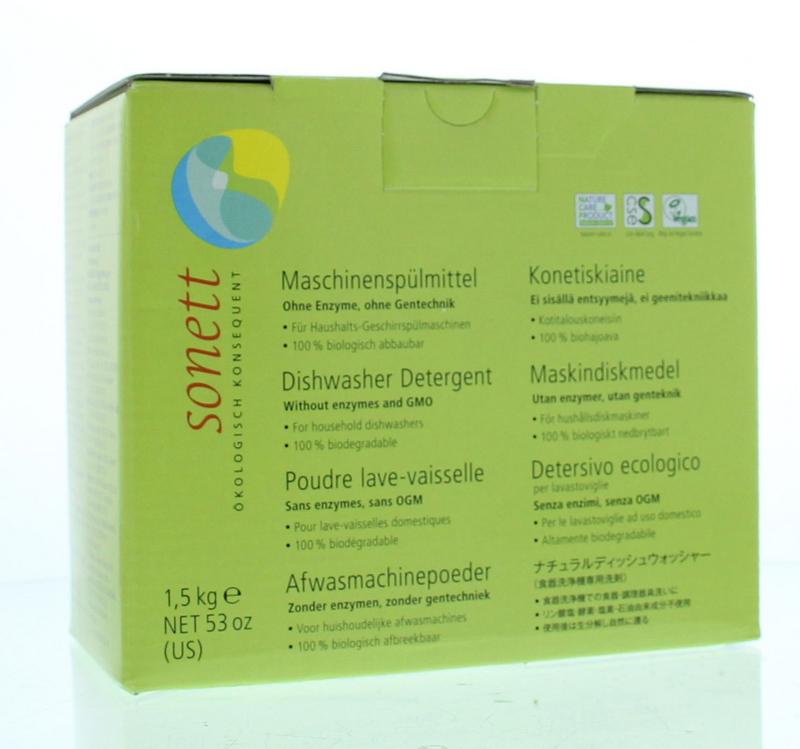 Sonett Vaatwasmachine poeder 1500 gram, eco-friendly dishwashing powder in a green container, ideal for clean, natural dishwashing.