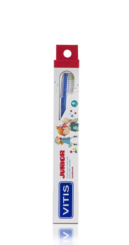 Vitis junior toothbrush, children's toothbrush with colorful handle, designed for young kids' dental care.
