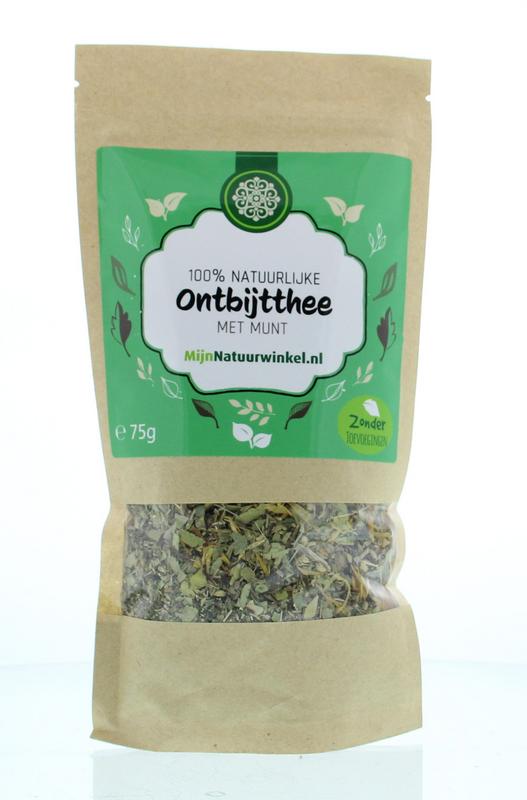 MijnNatuurwinkel ontbijt thee met munt in 75g verpakking, fresh mint-flavored herbal tea for a soothing morning drink.