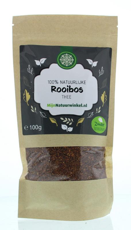 MijnNatuurwinkel Rooibos thee 100g pack with dried red rooibos leaves in a natural setting