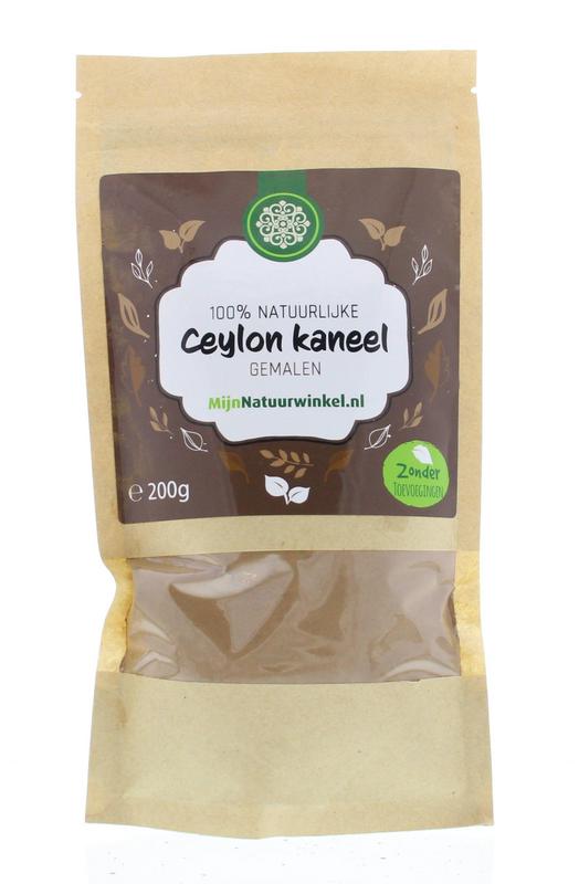 MijnNatuurwinkel Ceylon kaneel in 200g jar, showing cinnamon sticks and label for kruiden, zouten en maaltijdmixen.