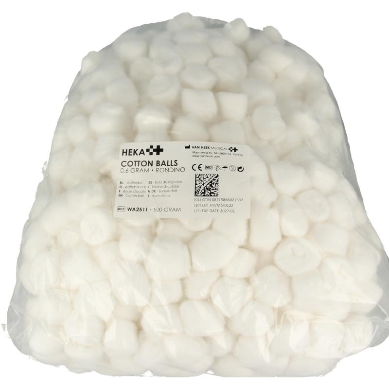 Heka Wattenbollen rondino, round cotton pads, 0.6g each, in a 500g package, soft and absorbent cotton for skincare.