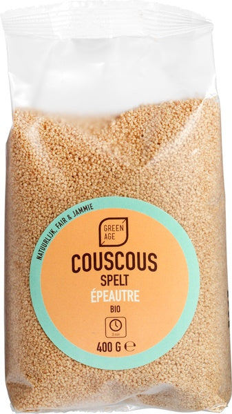 Greenage Organic Couscous Spelt, 400g, showing a close-up of the light greenish pasta in a bowl.