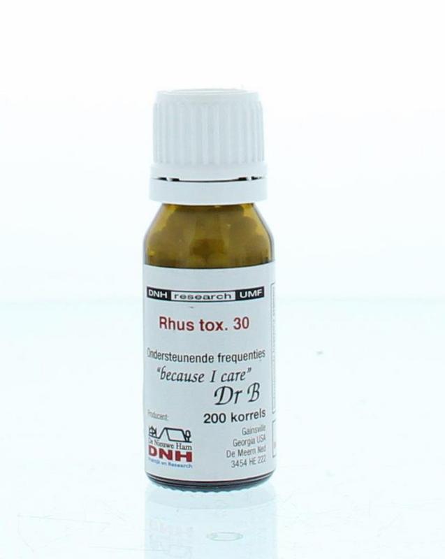 Box of DNH Rhus tox 30 herbal remedies with 200 capsules, natural herbal supplement from DNH in a white box.