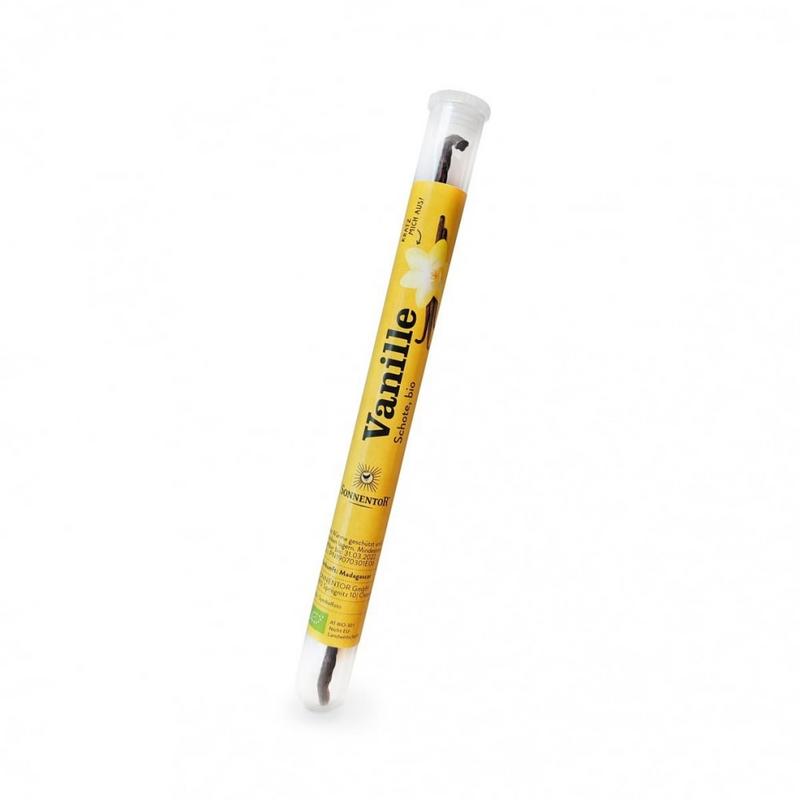 Sonnentor organic vanilla bean stick, fresh and whole, used for cooking and baking, in a clear view with natural light.