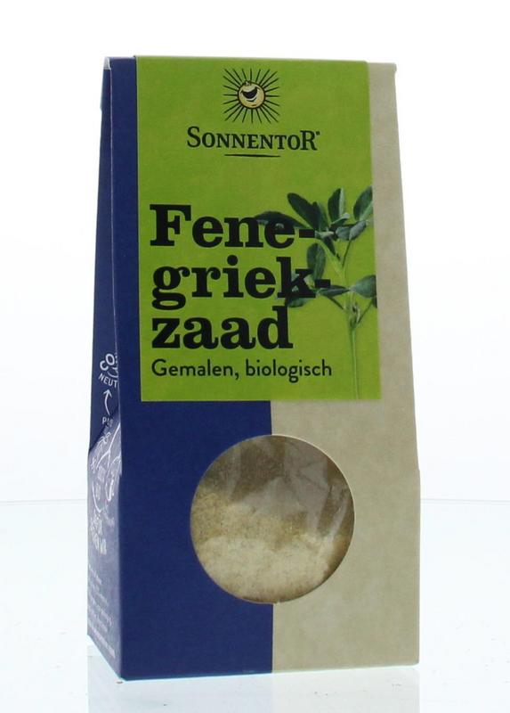Organic Sonnentor Fenegriek in 35g package, a herb used in spice blends and cooking, shown in a clear, close-up image.