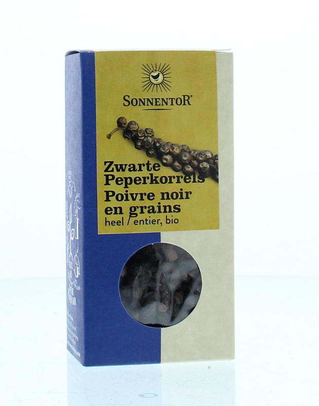 Sonnentor organic black peppercorns in a 55g jar, fresh whole peppercorns for seasoning and cooking.