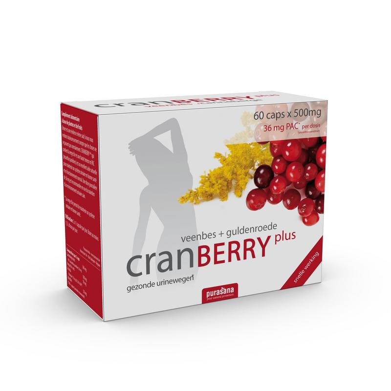Purasana Cranberry Plus capsules in a bottle, herbal supplement for urinary health, 60 capsules, Kruidenpreparaten brand.