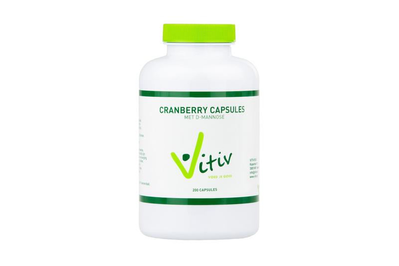 Vitiv Cranberry D-Mannose herbal supplement capsules, 200 count, in a bottle with label showing cranberry imagery.