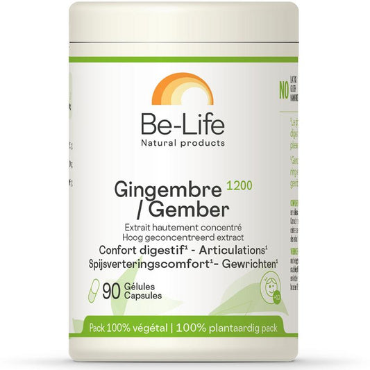 Be-Life Gember 1200 bio vegetarian capsules in a container, herbal supplement for wellness and natural health.