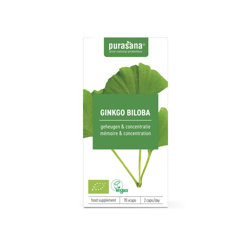 Purasana Ginkgo biloba vegan bio capsules in a bottle, herbal supplement for cognitive support, vegetarian herbal product.