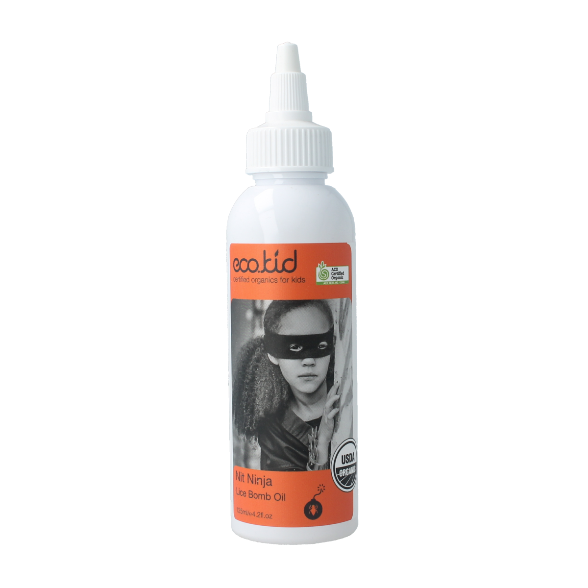 Ecokid Lice Bomb for hair treatment, 125ml, natural lice removal product in a clear bottle with label.