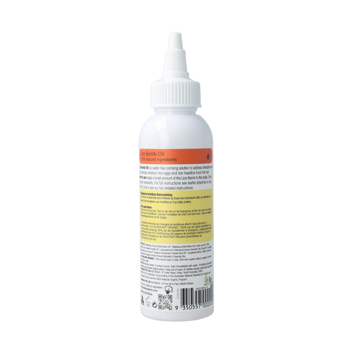 Ecokid Lice Bomb hair treatment bottle, 125ml, for head lice removal, natural hair care product in a clear plastic container.