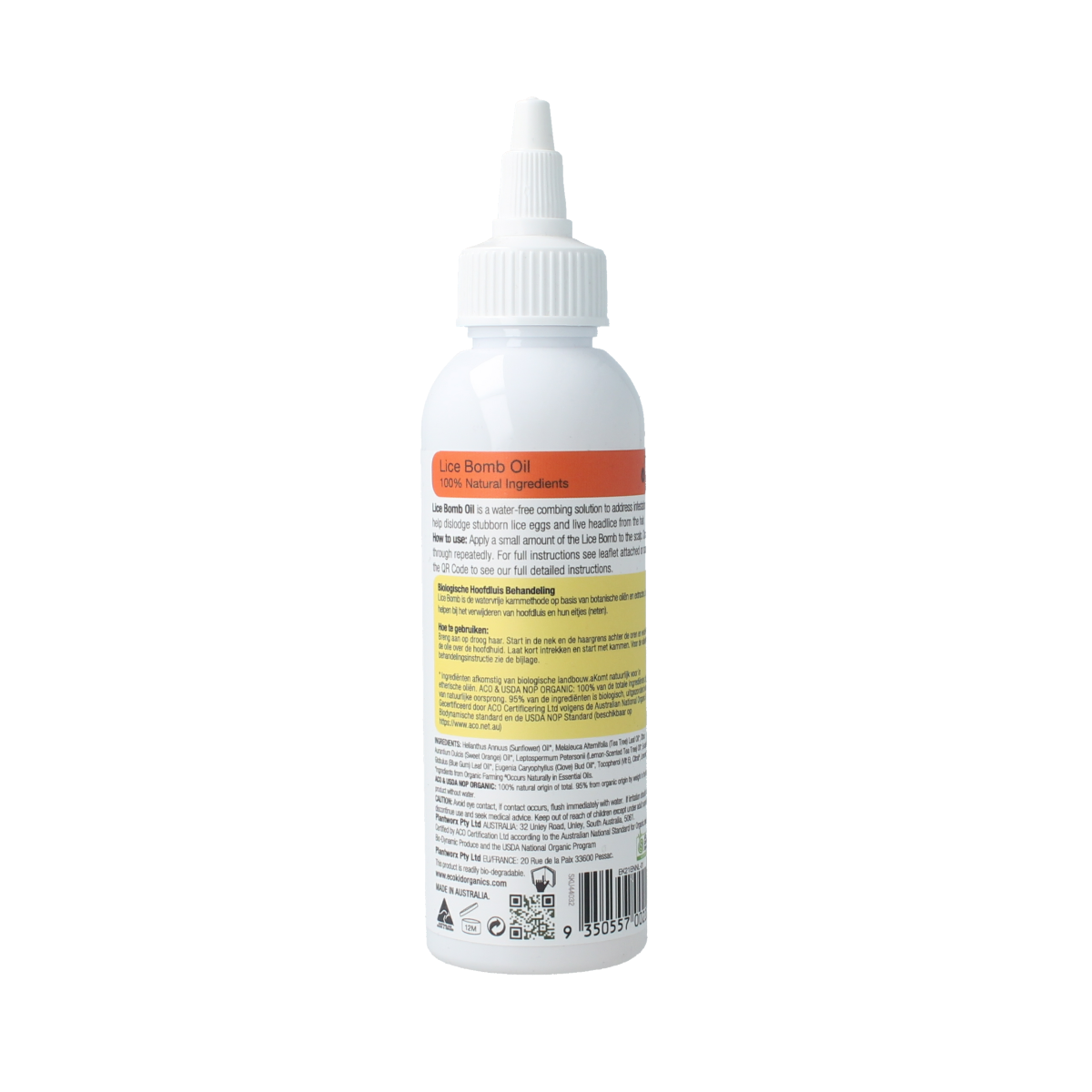 Ecokid Lice Bomb hair treatment bottle, 125ml, for lice prevention and removal, in a clear plastic container with a white cap.