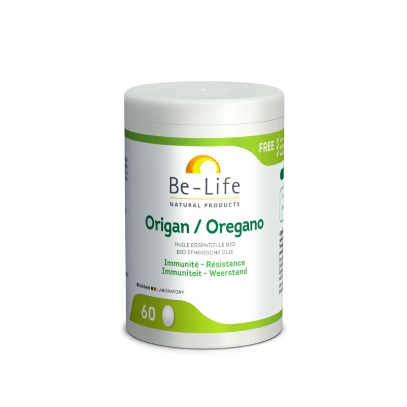 Be-Life organic oregano capsules in a bottle, herbal supplement for natural health and wellness, 60 capsules.