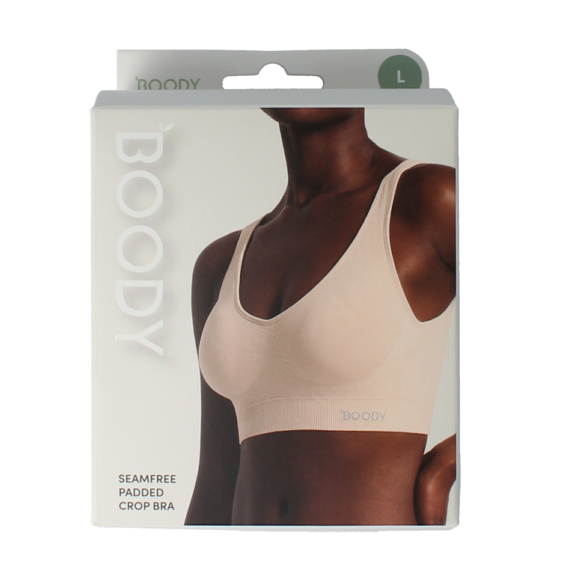 Boody blush padded shaper crop bra in size L, seamless undergarment with supportive cups and adjustable straps.