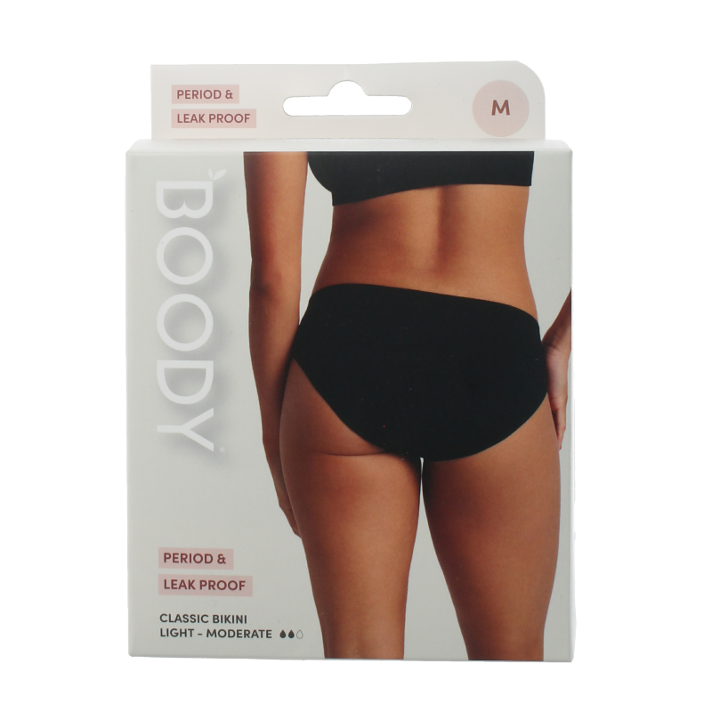 Black Boody men's menstruation underwear bikini slip in size M, made of soft, breathable fabric, shown laid flat.