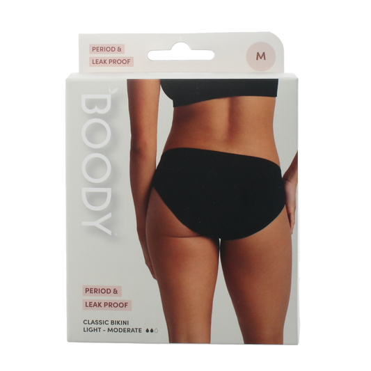 Black Boody men's menstruation underwear bikini slip in size M, made of soft, breathable fabric, shown laid flat.