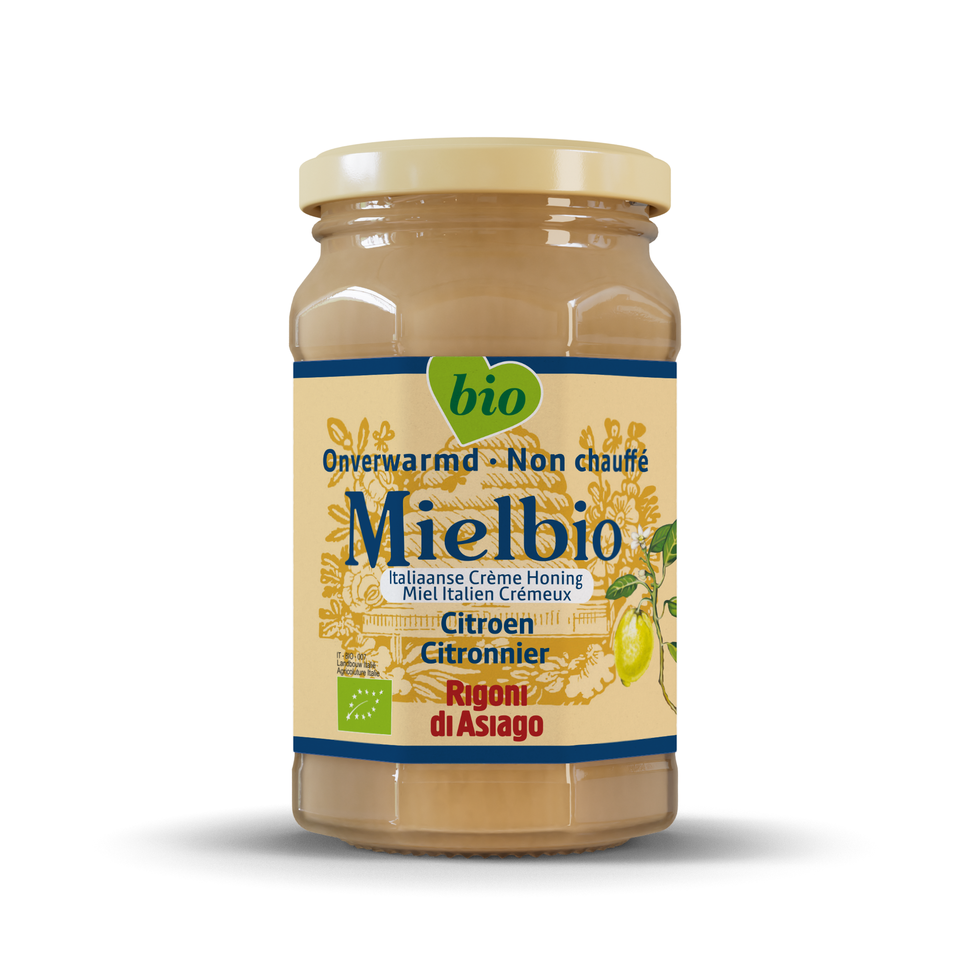 Mielbio Citroen organic honey creme in 300g jar, smooth golden honey with citrus infusions, natural sweetener and flavor enhancer.