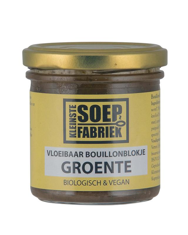 Kleinstesoepfabriek organic vegetable liquid bouillon cubes in a 150ml bottle, used for sauces and flavoring.