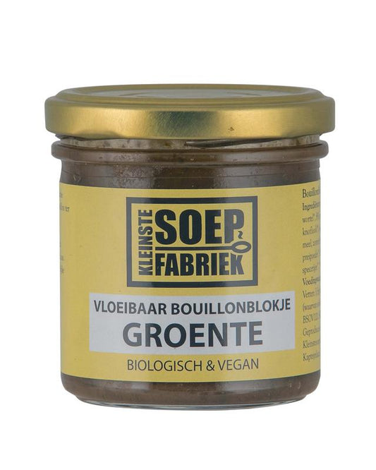 Kleinstesoepfabriek organic vegetable liquid bouillon cubes in a 150ml bottle, used for sauces and flavoring.