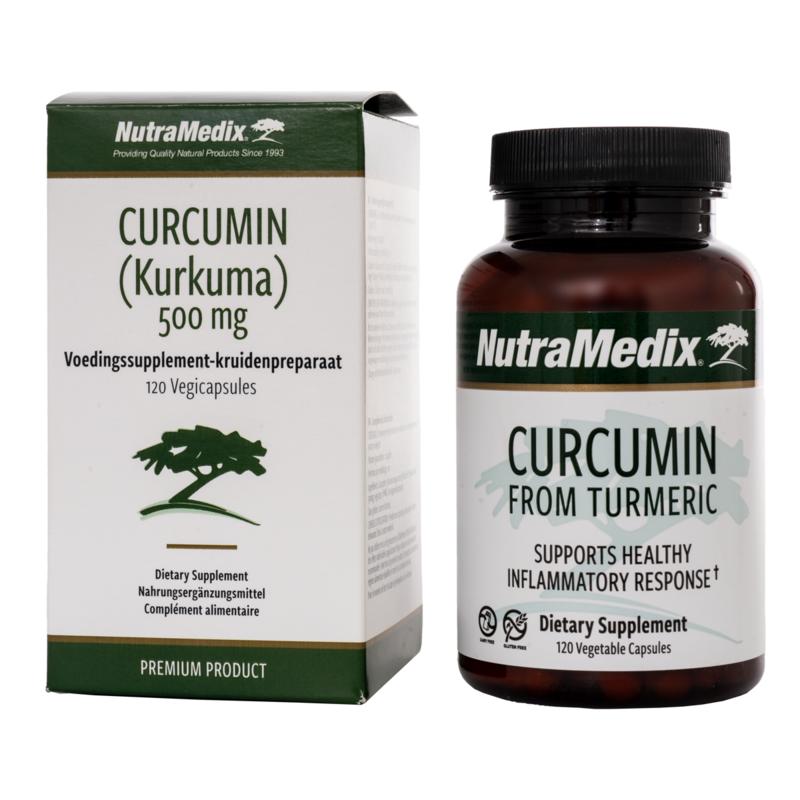 Nutramedix Curcuma capsules in a bottle, herbal supplement for health, featuring a white bottle with a label and capsules inside.