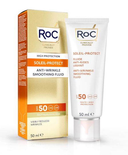 ROC Soleil protect anti-wrinkle smoothing fluid SPF50+ in 50ml bottle, featuring a sleek design and protective sun care for the face.