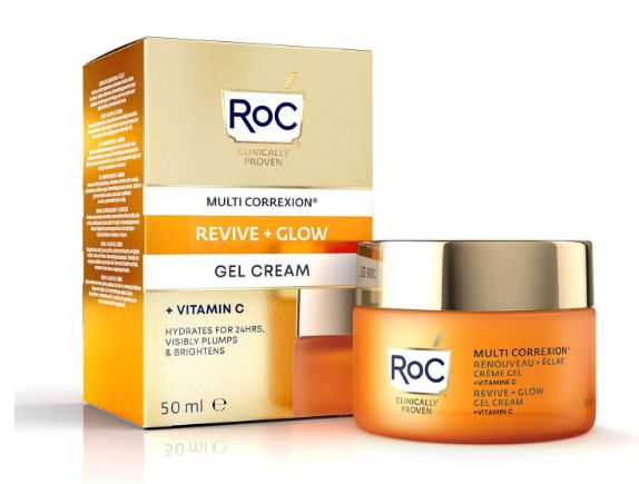 ROC Multi CorreXion Revive & Glow gel cream in 50ml jar, facial skincare product with a sleek white container and blue accents.