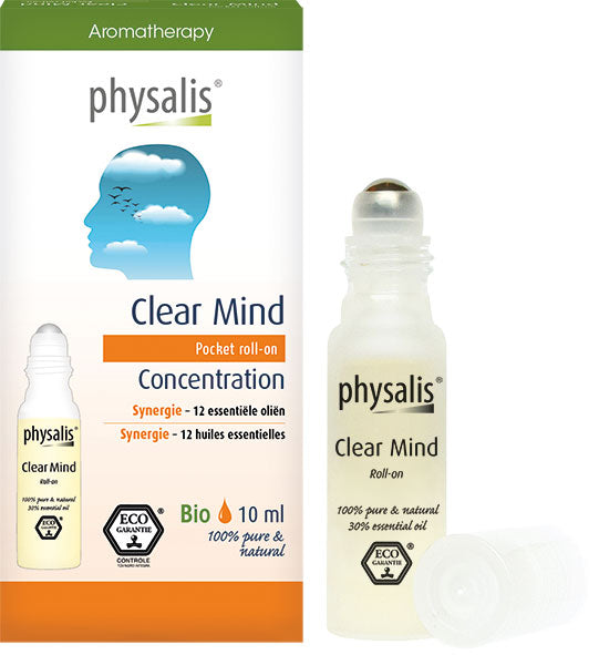Physalis Roll-on Clear Mind bio essential oil bottle, 10ml, featuring a sleek transparent container for aromatic aromatherapy use.