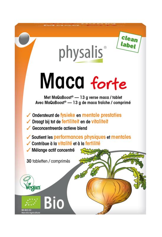 Physalis Maca Forte bio herbal supplement tablets in a bottle, natural plant-based product for vitality and energy support.
