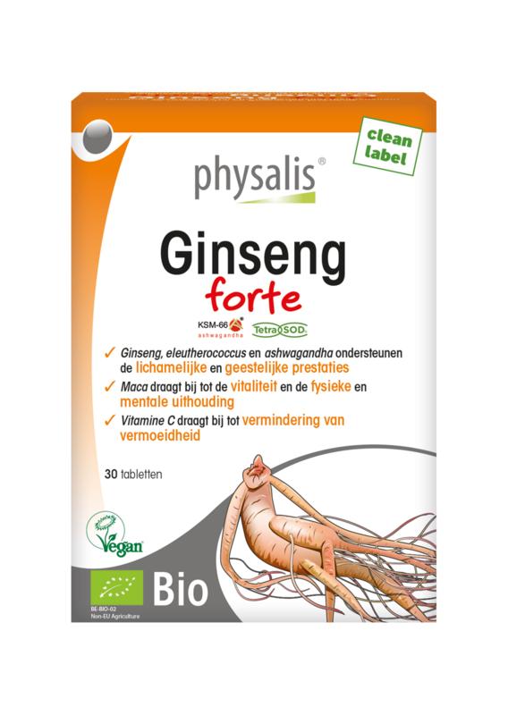 Physalis Ginseng Forte Bio herbal supplement in a blister pack of 30 tablets, natural ginseng extract for wellness.