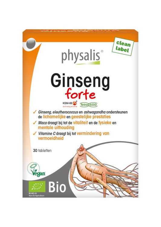 Physalis Ginseng Forte Bio herbal supplement in a blister pack of 30 tablets, natural ginseng extract for wellness.