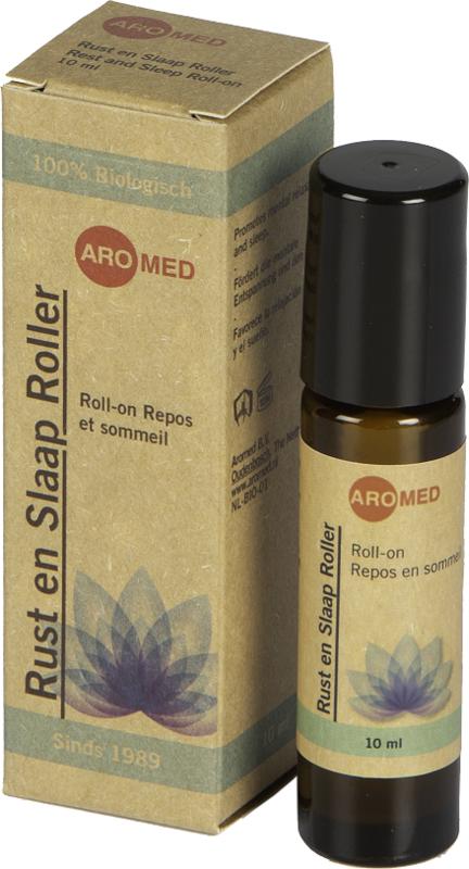 Aromed Lotus Rust en Slaap roller with 10ml of essential oil blend, featuring a rollerball applicator for relaxing aromatherapy.