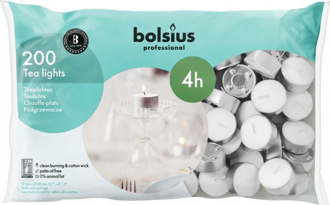 Set of Bolsius white tea light candles, 17/38 size, 200-piece pack, ideal for decoration and ambiance.