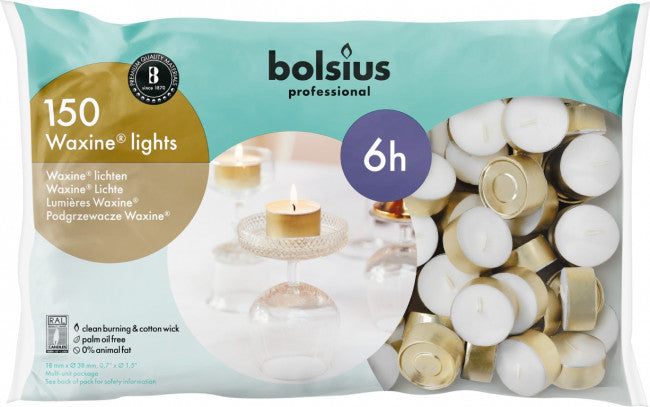 Bolsius waxinelicht candles in a box of 150 white tealights, perfect for creating a warm, cozy ambiance.