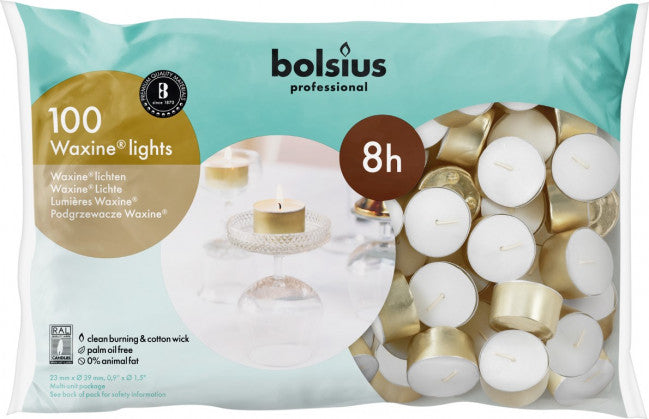Set of 100 white Bolsius waxinelicht candles, 23/39mm size, designed for 8-hour burn time, ideal for home decor and ambiance.