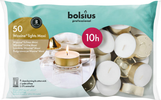 Bolsius Horeca maxi waxine candles in white, 50 pack, designed for 10-hour burn time, ideal for horeca lighting.