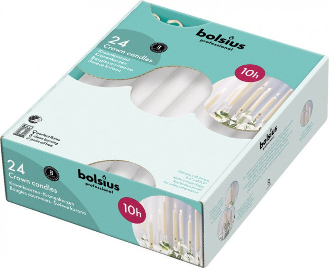 Set of 24 white Bolsius Kroonkaars candles, 240/24 size, shown in a natural arrangement with lit flames