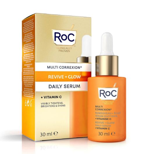 ROC Multi CorreXion Revive & Glow daily serum in 30ml bottle, featuring a sleek skincare container with a pump dispenser.