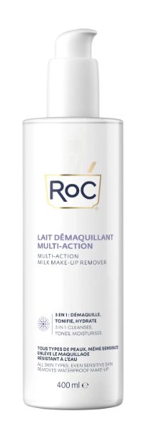 ROC Multi-Action Make-Up Remover Milk 400ml, gentle facial cleansing milk with soft pump dispenser for removing makeup and dirt.