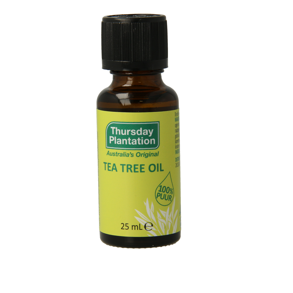 Thursday Plant tea tree oil 25ml bottle, natural body care product, showing clear glass bottle with tea tree oil inside.