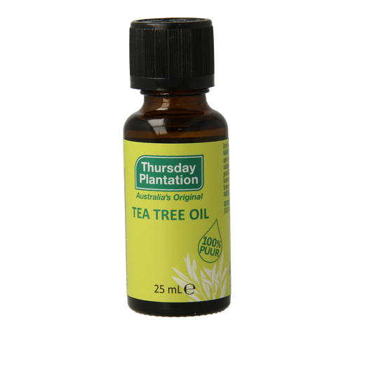 Thursday Plant tea tree oil 25ml bottle, natural body care product, showing clear glass bottle with tea tree oil inside.