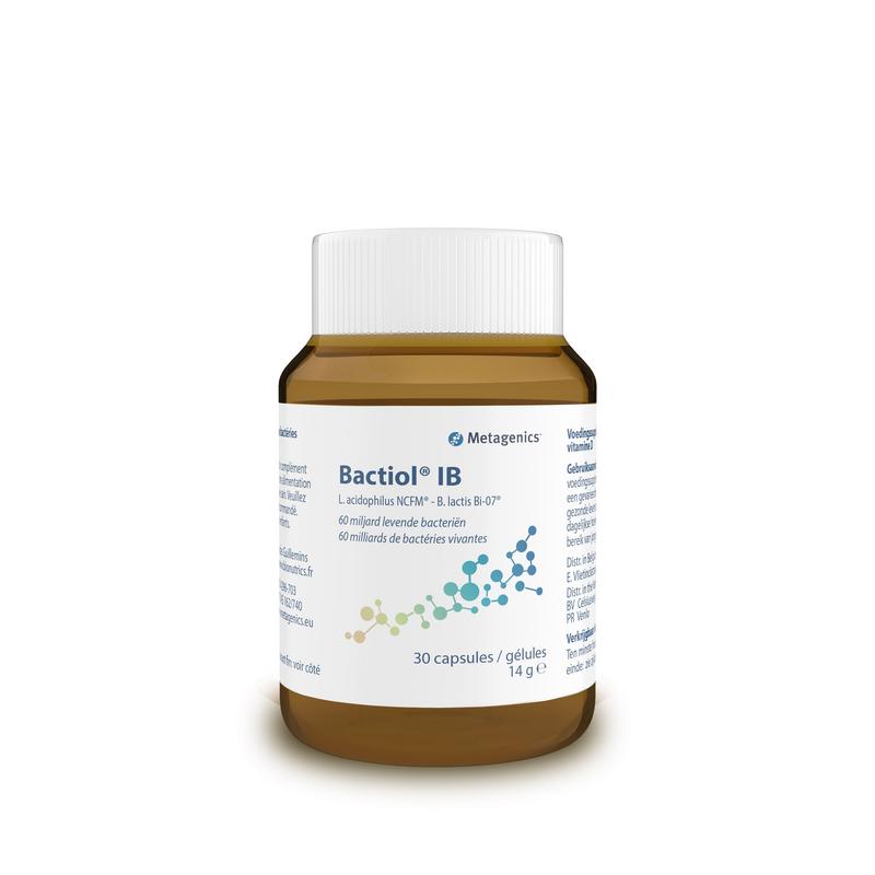 Metagenics Bactiol IB probiotic capsules containing micro-organisms, shown in a bottle with 30 capsules visible.