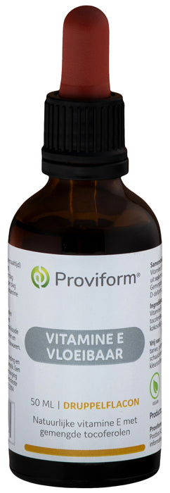 Proviform Vitamine E liquid in a 50ml bottle, showing the clear, amber-colored liquid and the label with product details.